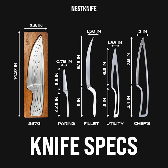 Kitchen Knife Set Stainless Steel, Chef Knife Set of 4 Pieces, Space Saving Ergonomic Design of Chef's Knives, Modern Stainless Steel Knives, Aesthetic Kitchen Essential, NestKnife Patented Technology