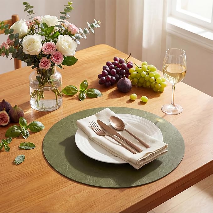 Artoid Mode Olive Green Faux Leather Placemats Set of 4, 15 Inch Waterproof Wipeable Heat Resistant Place Mats, Reversible Table Mats for Kitchen Dining Decor