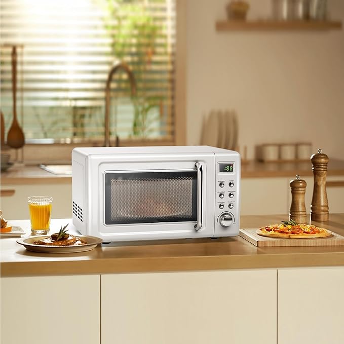LDAILY 0.7Cu.ft Retro Small Microwave Oven, 700W Compact Countertop Microwave with 5 Power Levels, Auto Cooking Menus, Glass Turntable, Child Lock & Glass Turntable for Apartment, Dorm (White)