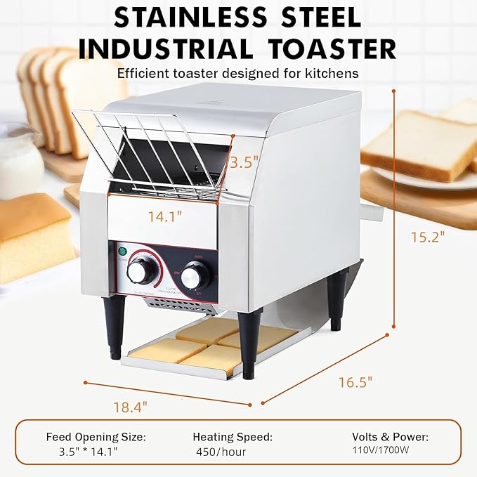 Commercial Conveyor Toaster, 450 Slices/Hour Stainless Steel Toaster Oven with Dual Heating & 7-Speed Belt for Bagels/Buns/Bread in Cafes/Buffets