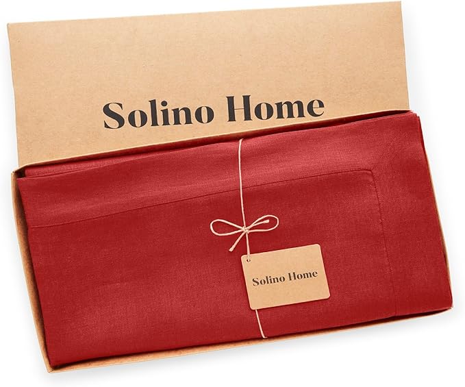 Solino Home Red Linen Tablecloth 60 x 90 Inch - 100% Pure Linen Table Cloth for Rectangle Tables - Fete, Machine Washable Tablecloth for Valentines, Winter