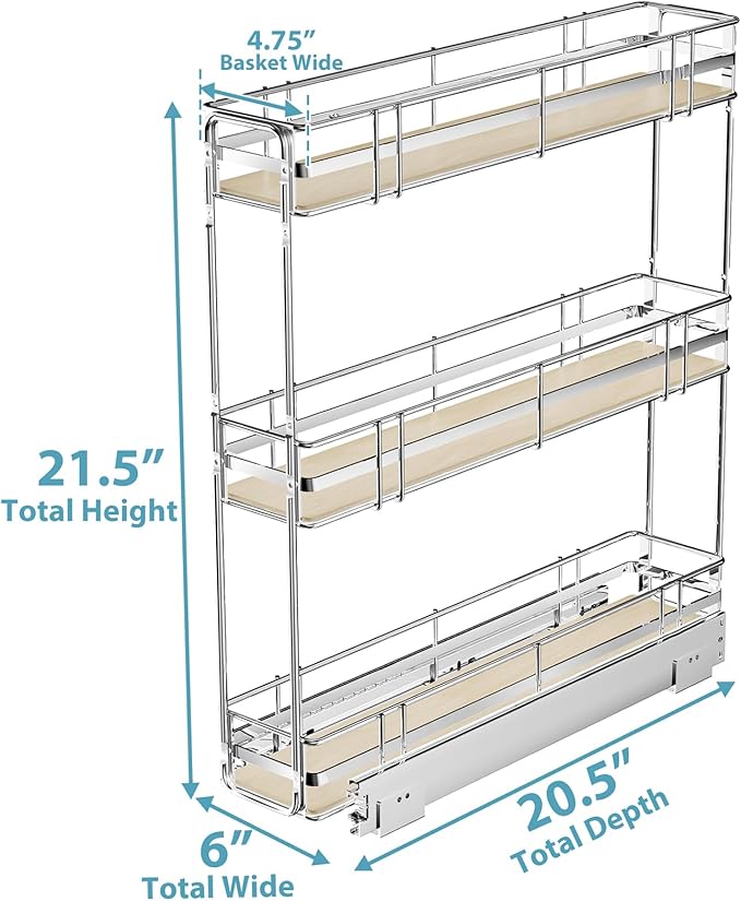 Pull Out Spice Rack Cabinet Organizer 6" W x 20쩍" D, 3 Tier Heavy Duty Slide Out Wood Shelf for Narrow Cabinet, Pull Out Storage for Kitchen