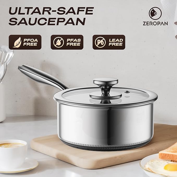 1 Quart Stainless Steel Saucepan with Glass Lid,6 Inch Hybrid Nonstick Sauce Pan,PFAS PFOA PTFE Free,Stay-Cool Handle,Dishwasher-Friendly,Oven-Safe,Small Pots Compatible with All Cooktops
