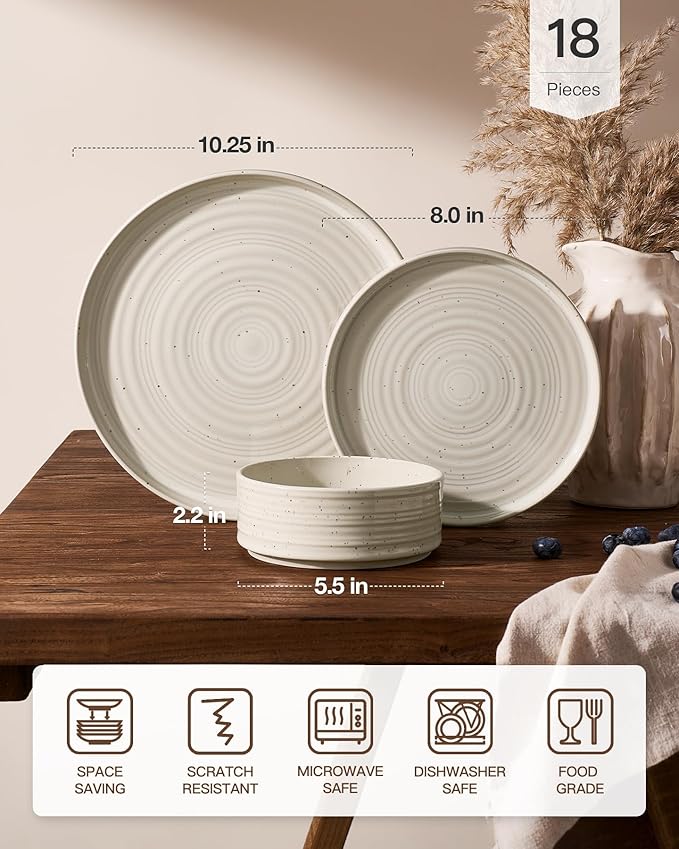 Plates and Bowls Sets for 6, Famiware Premium 18-Piece Stoneware Dinnerware Set - Reactive Glaze with Speckles & Spirals, Chip & Scratch Resistant, Dishwasher Safe, Dish Set with Gift Box, Shell Beige