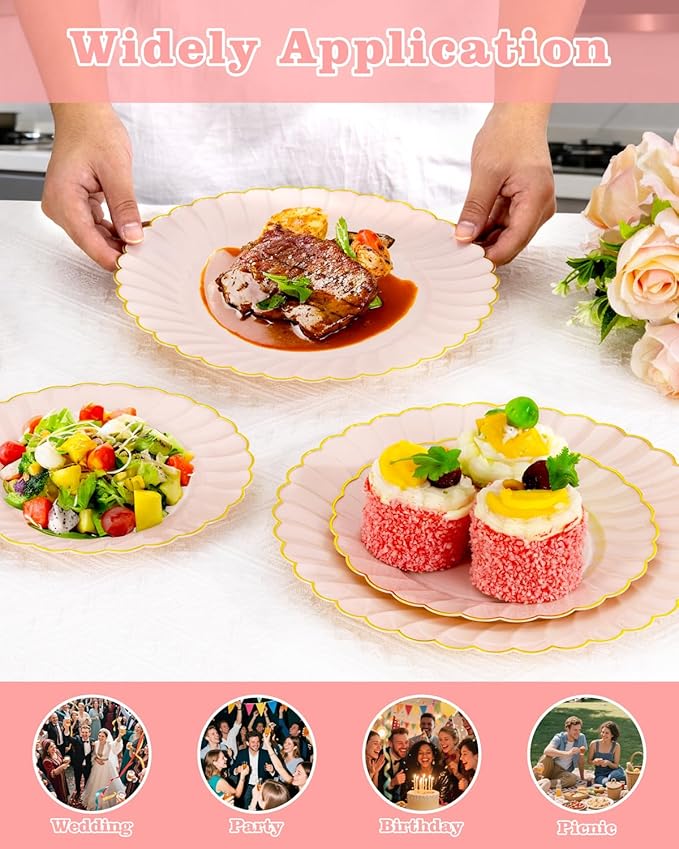YOUBET 100PCS Pink Scalloped Plastic Plates - Heavy Duty Gold Disposable Fancy Hard Plates Include 50 Dinner Plate, 50 Dessert Plate, for Wedding & Party Valentines Day