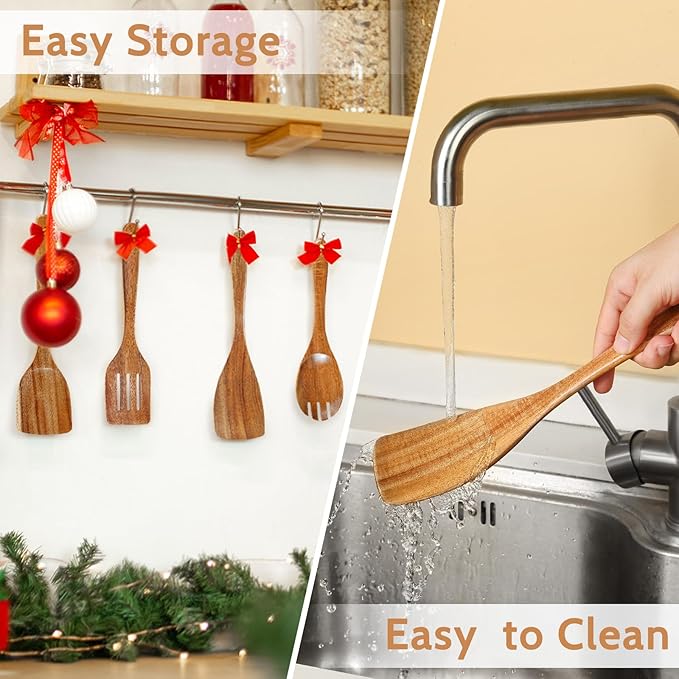 Pleafind Natural Teak Wooden Utensil Set - 9 Pcs, Wooden Spoons for Cooking, Wooden Cooking Utensils Set with Holder 竊?Spoon Rest, Soft Comfort-Grip Wood Kitchen Utensil Set for Non-Stick Cookware