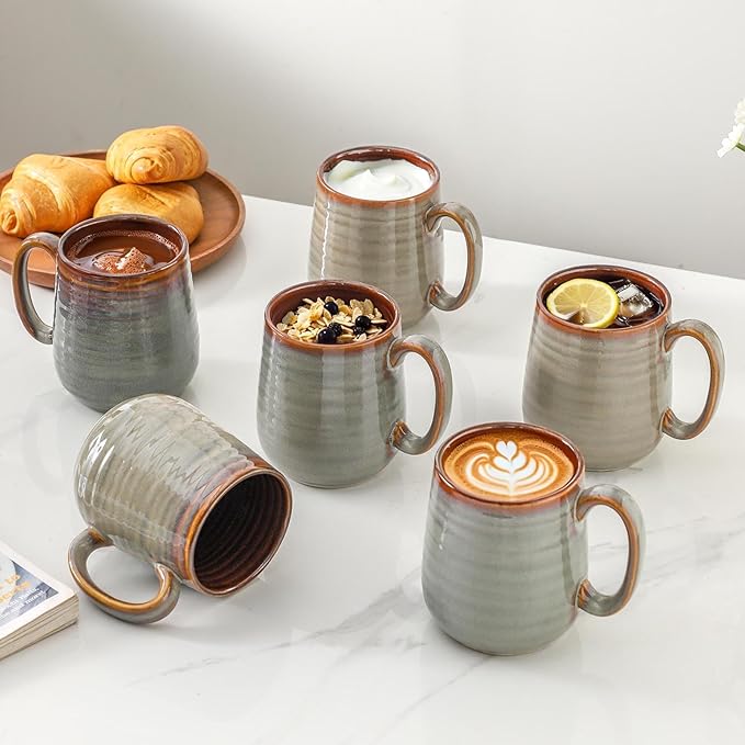 MEKY Ceramic Coffee Mugs Set of 6, 15oz Coffee Cups for Office and Home, Latte Mug Set for Birthday Thanksgiving Housewarming Gift, Dishwasher Microwave Safe, Brown