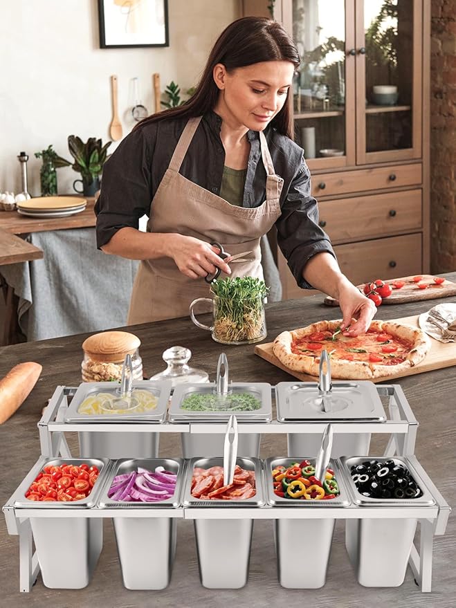 Lanstics Pizza Topping Station 8 Pans Pizza Storage Container Topping containers with Lids Spoon Condiment Organizers Buffet Containers Set for Restaurant Pizza Sauce Jam Fruit Ingredient