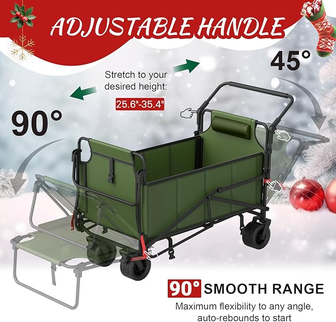 LEVELEVE Heavy Duty Folding Wagon - 2-in-1 Collapsible Cart, 650lb Capacity, All-Terrain Wheels w/Brakes & Side Pockets (Army Green)
