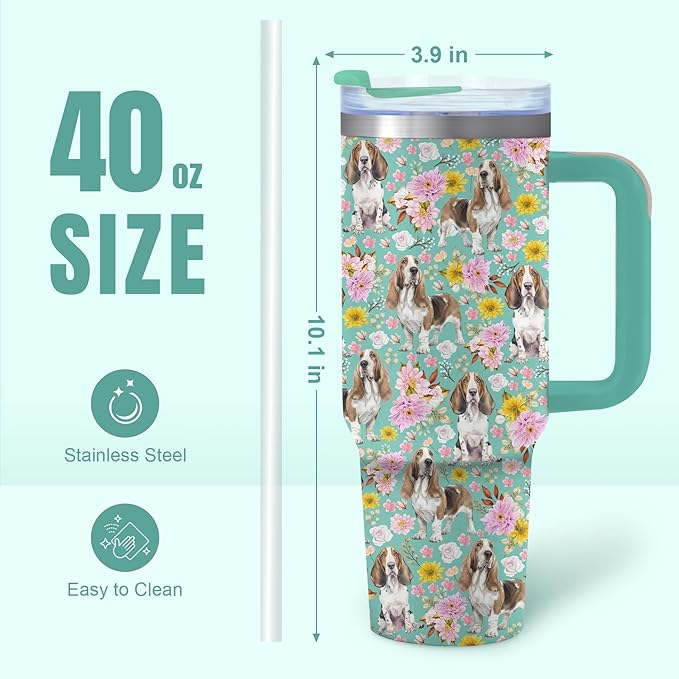 Yogusut Basset Hound Gifts for Women, 40oz Stainless Steel Insulated Tumbler Travel Mug Cup with Handle Straw, Gifts for Dog Mom Dog Lover