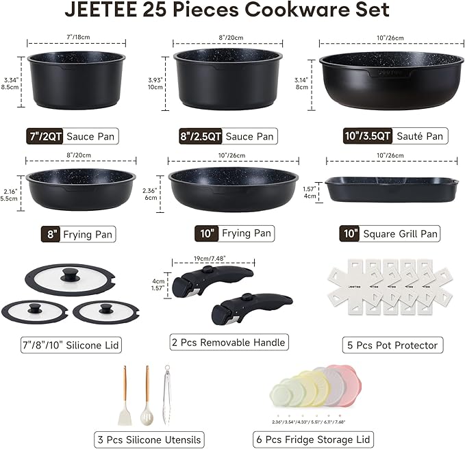 JEETEE 25pcs Pots and Pan Set Non Stick,Detachable Handle Cookware Set,Induction Cooking & RV Camping Stackable Pots Pans竊똇ealthy Kitchen Cookware Set PFAS/PFOA Free,Black
