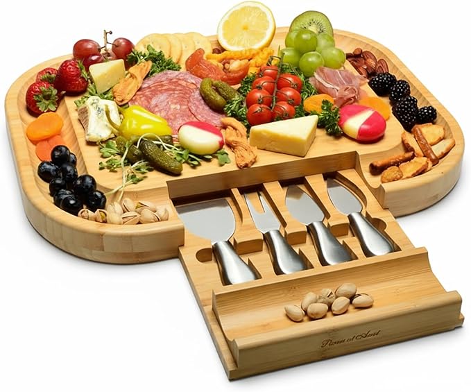 Picnic at Ascot Bamboo Cutting Board for Cheese & Charcuterie with Knife Set & Cheese Markers- Designed & Quality Checked in The USA