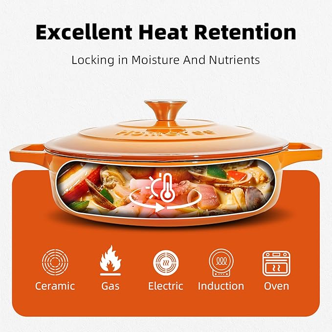 Enameled Cast Iron Dutch Oven - 4 Quart Dutch Oven Pot with Lid - Shallow Cookware Braising Pan - Oven Safe up to 500째 F for Baking, Roasting, and Braising-Orange