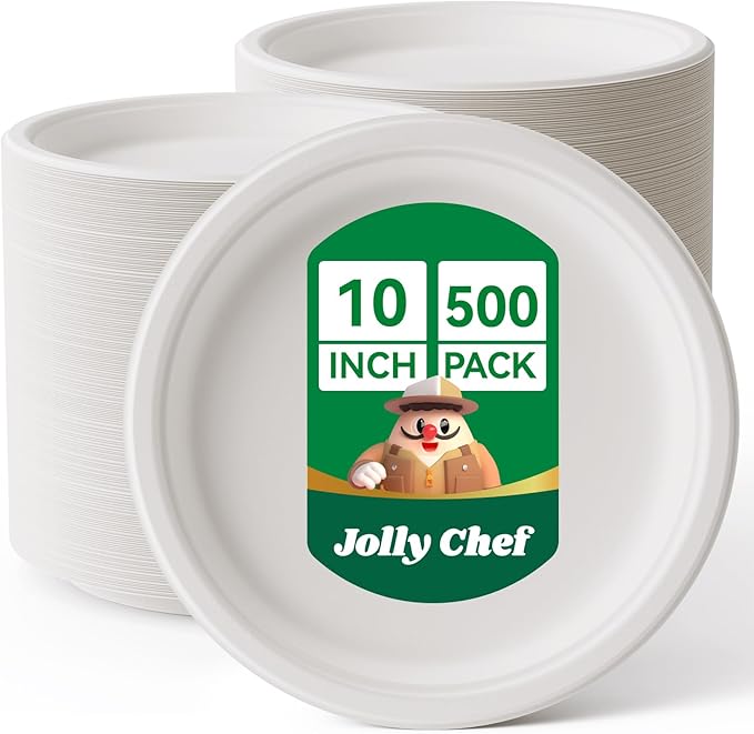 JOLLY CHEF Compostable Heavy Duty Plates ?윮?윭 ?뿙?뿻?뿰?뿵 [?윶?윭?윭 ?뿣?뿮?뿰?뿸] Eco-Friendly Disposable White Uncoated Paper Plates Bagasse Sugarcane Biodegradable for Hot Cold Food Party Dinner Christmas