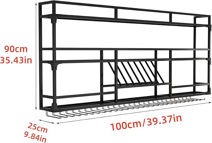 39Inch Metal Wall-Mounted Wine Rack with LED Light - 3 Tier Wine Storage Display Rack with Glass Holder - Space-Saving Bottle Display Shelf for Home Bars, Dining Rooms, Black