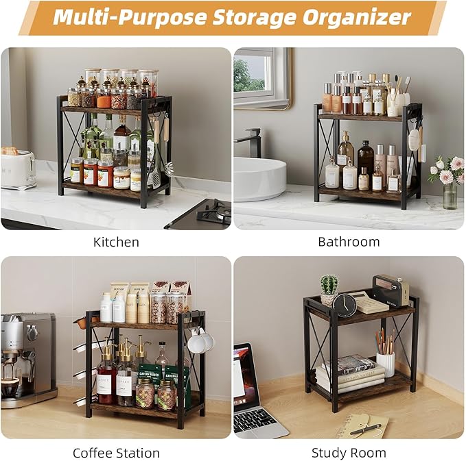 Coffee Bar Shelf Accessories Organzier for Countertop with K Cups Holder, 2 Tier Coffee Stand Station Organizer for Countertop with 2 Hooks(Black)
