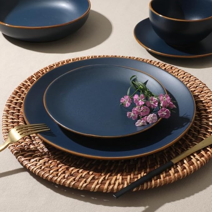 Gibson Home Hazeltine 16-Piece Navy Blue Stoneware Dinnerware Set ??Plates and Bowls, Durable Ceramic Kitchen Dinner Set