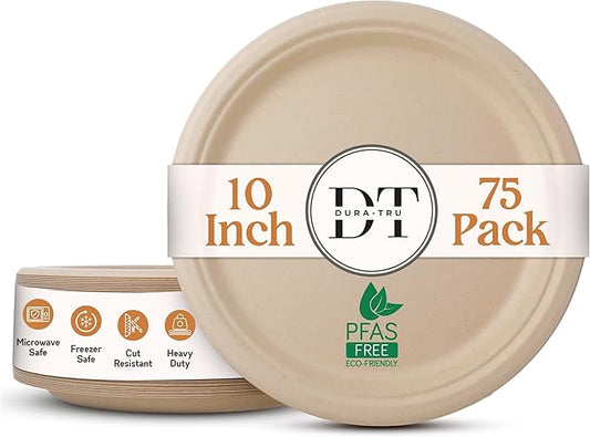 Heavy Duty Eco-Friendly PFAS-free Compostable Plates, 10 Inch Disposable Plates - Sugarcane Party Plates [Round, 75 Pack] | 100% Bagasse Biodegradable (Natural)