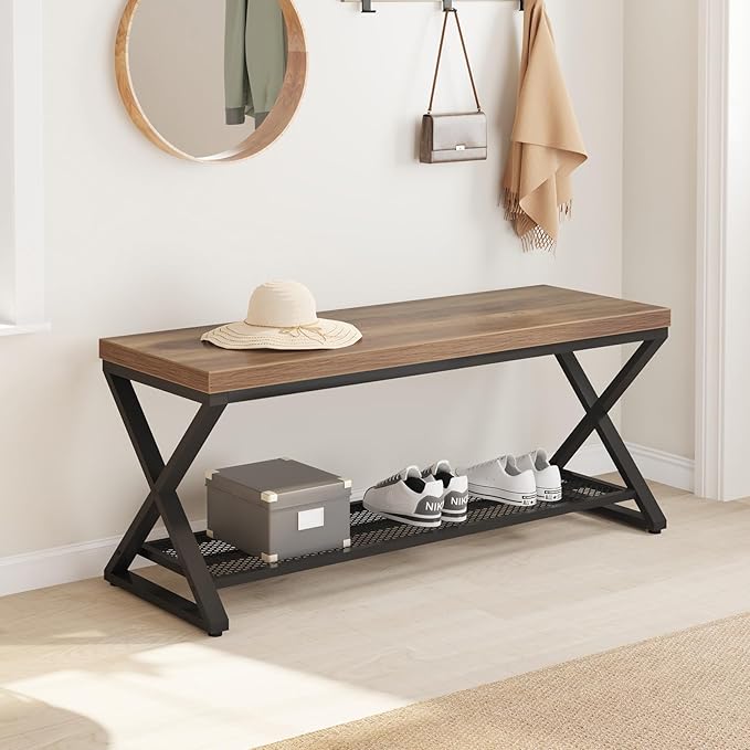 LVB Entryway Shoe Bench with Storage, 39??Entryway Bench for Foyer Hallway, Farmhouse Wood and Metal Indoor Bench for Entrance, Shoe Rack Storage Bench with Sitting for Living Room, Rustic Oak, 39 in