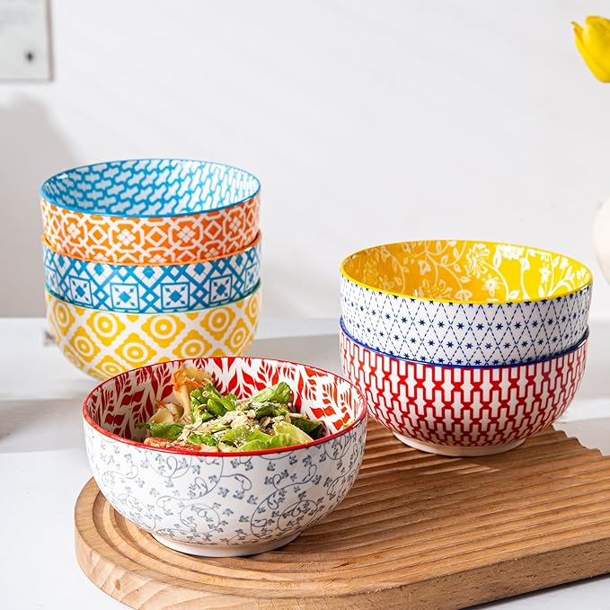 Cerkik Ceramic Soup Bowls Set - 23 Oz Deep Cereal Bowl for kitchen - 6 Inch Porcelain Salad Bowl for Pasta, Dessert, Ramen - Microwave Dishwasher Safe - Set of 6 - Assorted Colors