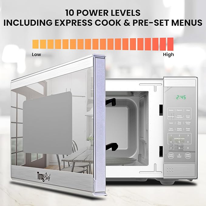 Total Chef 0.7 Cu Ft Microwave Oven ??Compact Countertop Microwave, Small Stainless Steel Kitchen Appliance with Digital Touch, Pre-Set Functions, 10??Turntable, 700 Watt, Microondas Pequeños