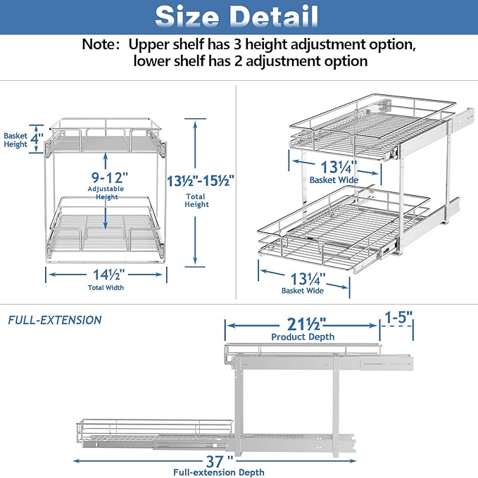 2 Tier Individual Pull Out Cabinet Organizer 14쩍" W x 21쩍" D, Heavy Duty Cabinet Pull Out Shelves, Slide Out Drawers Organization for Kitchen Cabinets Bathroom