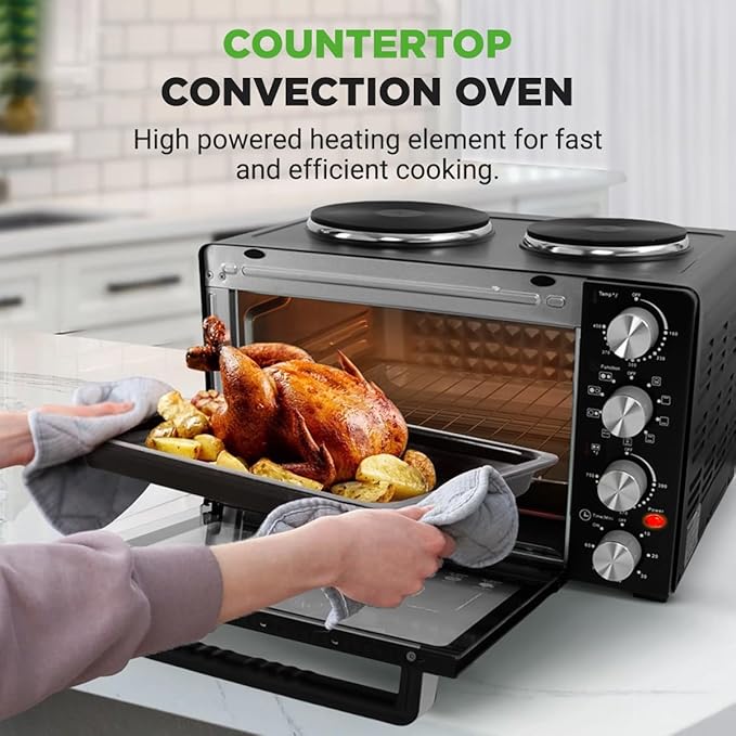 Nutrichef 2-in-1 Convection Oven & Cooker - 30 Quart, 1500W Multi-Function Kitchen Oven with Dual Hot Plates, 7 Cooking Modes Including Rotisserie, Broil, Bake - 19.6 x 16.0 x 13.5 Inches