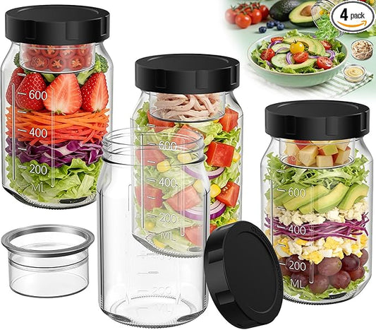 4Pack Glass Salad Jars with Lids, 32oz Salads Mason Jars with Wet/Dry Separation Cup, Meal Prep Salad Containers for Lunch, Leakproof Wide Mouth Food Storage Containers, BPA-Free Reusable (Black)