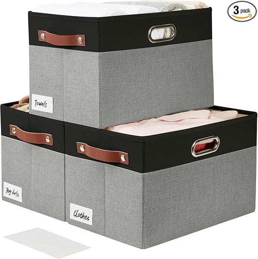 Bagnizer Large Collapsible Fabric Storage Bins with 3 Handles, Foldable Organizer Baskets for Closet, Shelves, Living Room | 3 Pack, Durable PU & Metal Handles (14.9"x9.8"x9.8", Black & Gray)