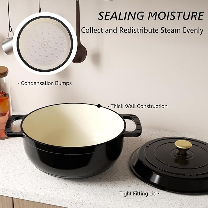 VINGLI 6QT Enameled Cast Iron Round Dutch Oven Pot with Lid, NonStick Casserole Pot with Dual Handles & Silicone GlovesRed, Oven Safe up to 500째F or on Stovetop, Dutch Oven for Bread Baking, Black
