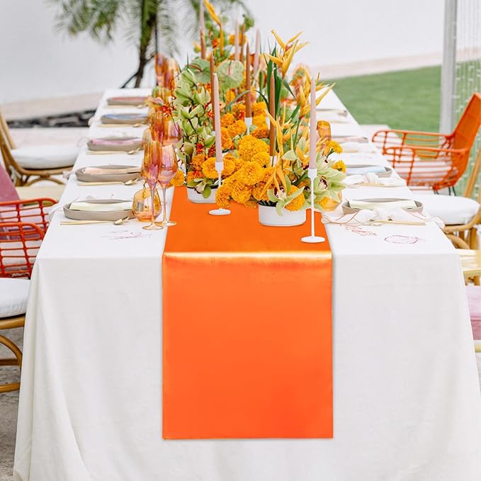 Yblut 10 Pack Satin Table Runner 12 x 108 Inch Long Orange Silk Table Runner for Wedding Party Banquet Birthday Decoration