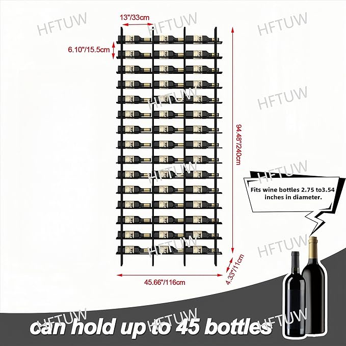 45-Bottle 3-Column Wall-Mounted Wine Rack, Gold Metal Wine Bottle Holder with Vertica Design, Space-Saving Wine Storage Shelf for Home Bar, Kitchen, Restaurant & Cellar(45 Bottles, 45.67" W)