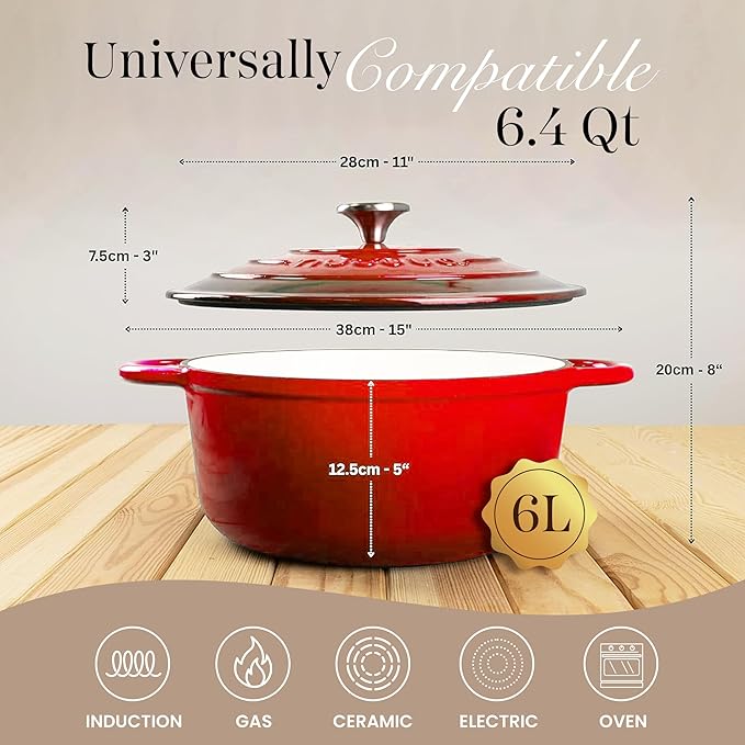 Nuovva Enamelled Cast Iron Dutch Oven Pot with Lid ??6.4 Quart Non Stick Casserole Pot ??Heavy Duty & Oven Safe up to 500째 F for Bread Baking, Braising, Stews, Roasting ??28cm Red