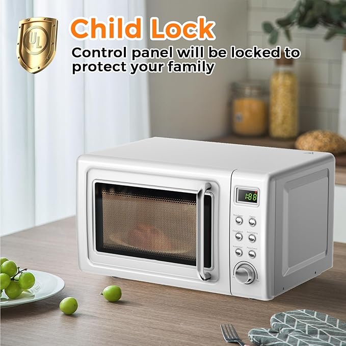 LDAILY 0.7Cu.ft Retro Small Microwave Oven, 700W Compact Countertop Microwave with 5 Power Levels, Auto Cooking Menus, Glass Turntable, Child Lock & Glass Turntable for Apartment, Dorm (White)