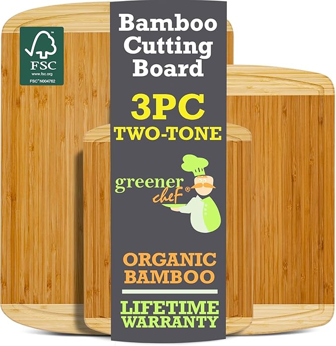 Organic Bamboo Cutting Boards for Kitchen Set of 3 with Lifetime Replacements ??Premium Extra Large Wood Chopping Boards with Juice Grooves for Carving & Serving, Non-Toxic & Durable by Greener Chef