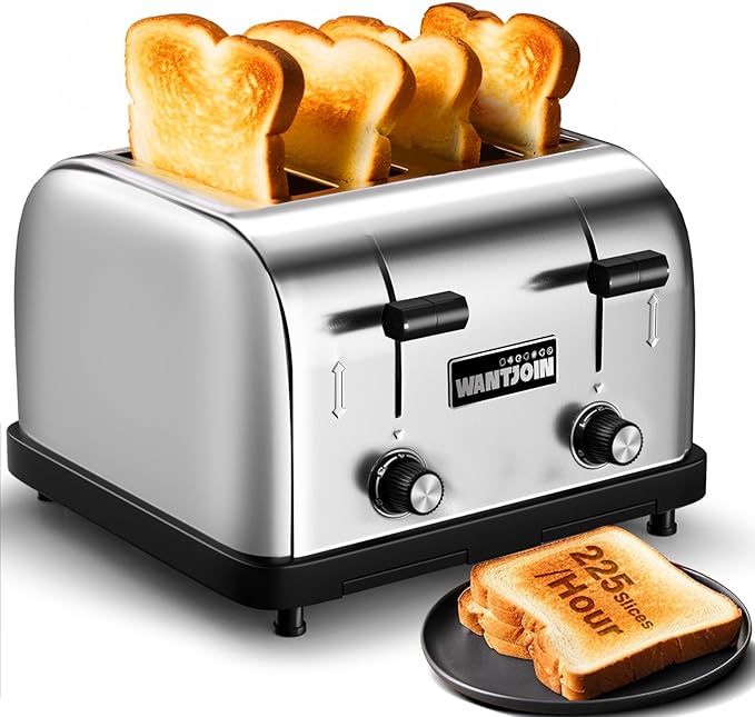 WantJoin Commercial 4-Slice Toaster, 1800W 225 Slices/Hour with 1.57 Inch Wide Slots, 6-Level Setting & Removable Crumb Tray, Stainless Steel for Restaurant Breakfast (Bread, Bagels)