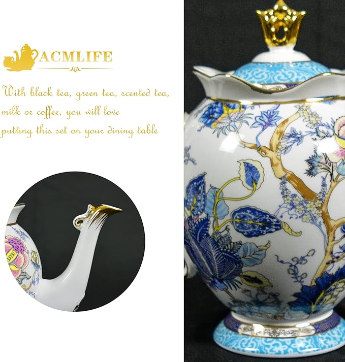 ACMLIFE Tea Sets for Adults for 6 - Tea Pot Sets with Cups Blue, Tea Sets for Women Tea Party, Fine Bone China 24K Gold, Vintage British English Porcelain Afternoon Service Sets for Luxury Gift