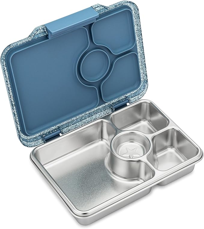 Yumbox Pr챗t Stainless Steel Leakproof Bento Lunch Box ??3-Compartment, Sandwich-Friendly Tray for Kids & Adults, Reusable, BPA-Free, Easy Open Latch (Paris Blue Glitter)