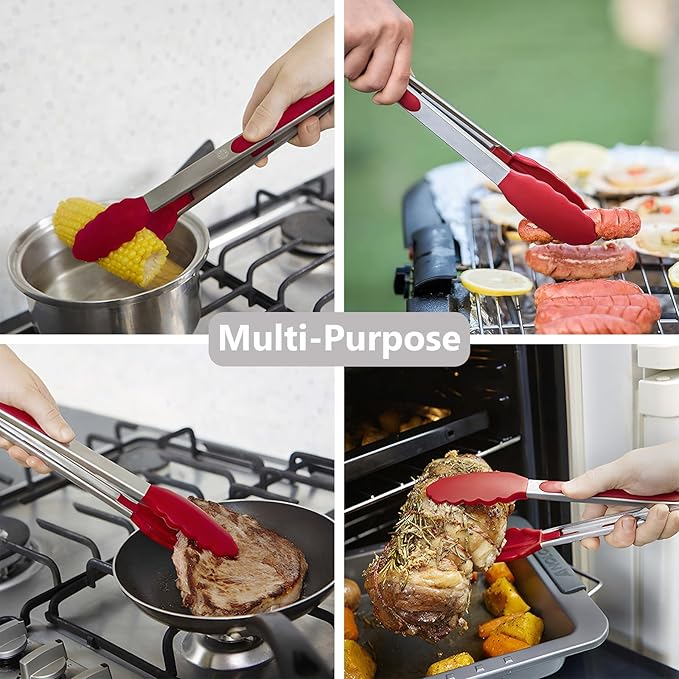 Kitchen Silicone Tongs for Cooking with Non-Slip Silicone Tips, 600째F Heat Resistant Cooking Food Tong Set Heavy Duty Stainless Steel Handle for Baking Grilling BBQ Serving, 2 Pack (9" & 12")