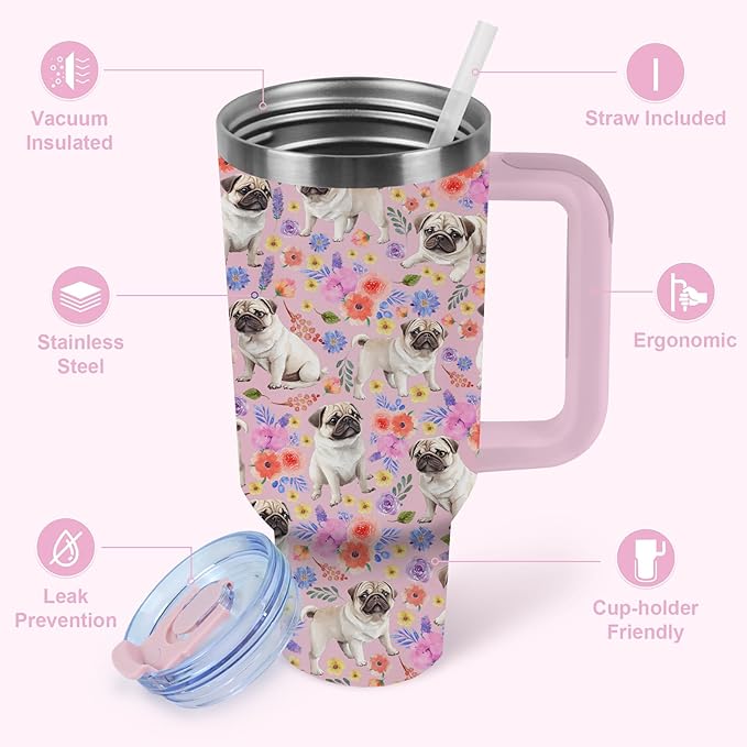 Yogusut Pug Gifts for Women, 40oz Stainless Steel Insulated Tumbler Travel Mug Cup with Handle Straw, Gifts for Dog Mom Dog Lover