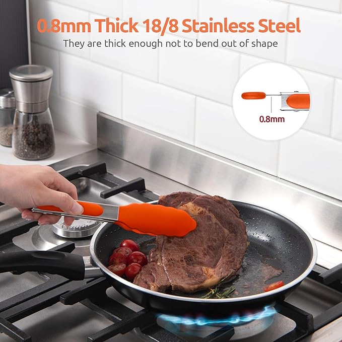 600쨘F Heat Resistant Kitchen Tong: U-Taste 7 inch Silicone Cooking Tong with Firm Sealed Non Stick Rubber Tips & Silicon Coated 18/8 Stainless Steel Handle & Smooth Locking for Serving Salad (Orange)