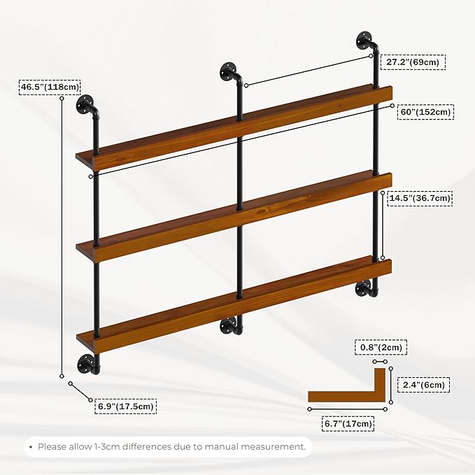 Industrial Wine Rack Wall Mounted, Solid Wood Shelf with Metal Pipe Brackets, 3-Tier Rustic Hanging Organizer for Wine Bottle Storage in Kitchen, Bar, Pub, Cellar(Walnut Brown, 60 Inch)