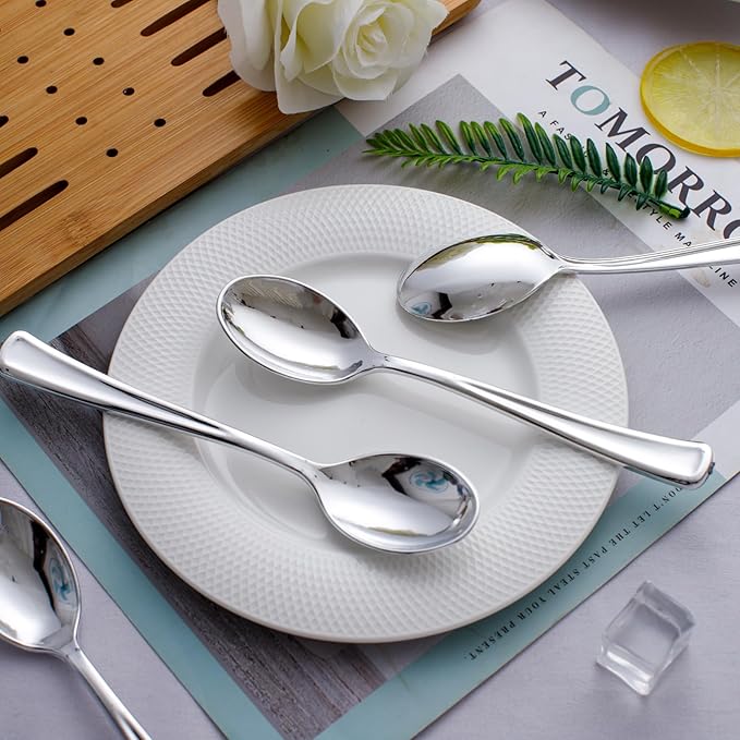 WDF 100 Pack Silver Plastic Spoons Disposable - 6.9 Inch Silver Spoons Heavy Duty Plastic Spoons, Modern Silver Disposable Spoons Perfect for Party Wedding Valentine's Day