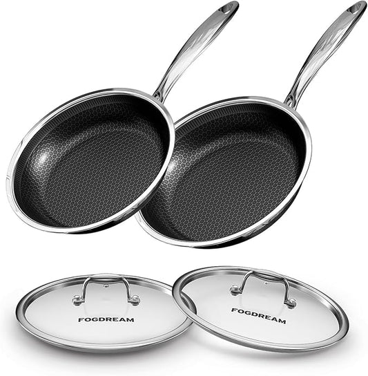Fogdream 10??1??Non Stick Frying Pans, Stainless Steel Skillet with Lid, Tri-Ply Stainless Steel for All Cooktops, Dishwasher and Oven-Safe Cooking Pan, Stay-Cool Handle, Silver