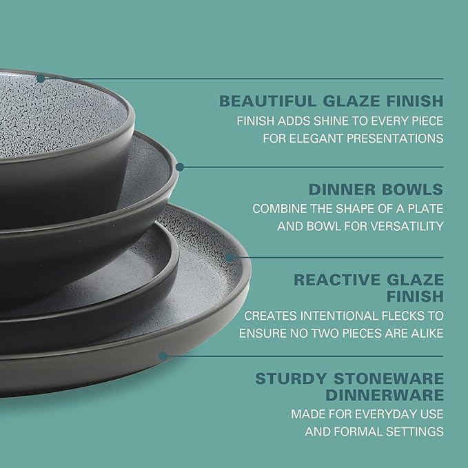 Gibson Elite Tribeca Loft 16-Piece Dinnerware Set ??Matte Black and Blue Reactive Glaze Stoneware, Double Bowl Round Plates and Bowls ??Modern Rustic Dinnerware for 4, Dishwasher & Microwave Safe