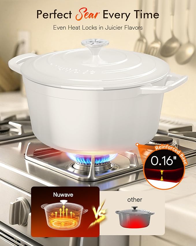 Nuwave 6QT Healthy Enameled Cast Iron Dutch Oven Pot with Lid, Heavy Duty 7-Layer Enamel, Enhanced Rust Protection, Dual Handles, Oven Safe to 500째F for Sourdough Bread Baking, Braise, Stew, Roast