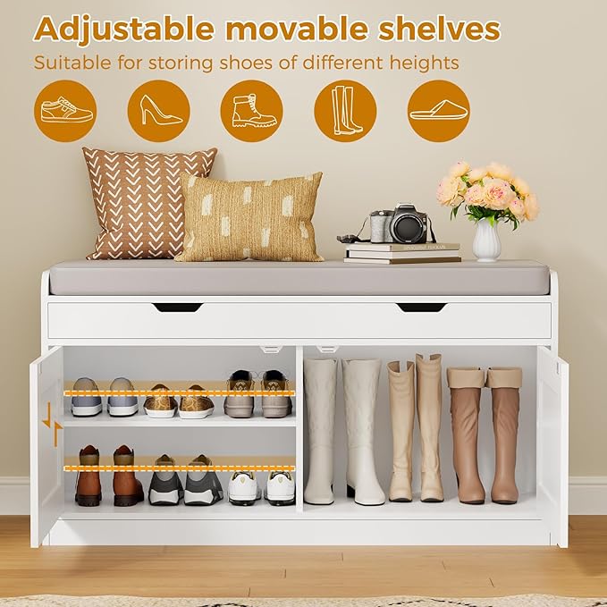 BEWISHOME Shoe Bench with Lift Top Storage, 2-Tier Storage Bench with Adjustable Shelf, Entryway Bench with Padded Seat Cushion, Wooden Shoe Organizer for Entryway Living Room Bedroom Hallway White