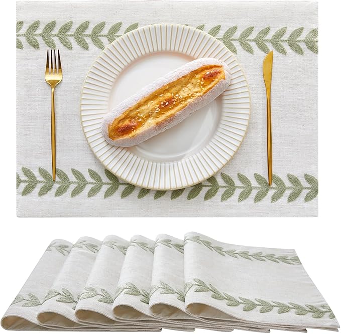 Wracra Embroidered Placemats, 13 x 18 Inch Set of 6 Placemats, Irregular Willow Rustic Place Mats for Kitchen Table and Heat Resistant, Light Sage Green 6PCS