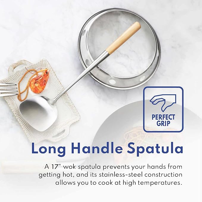 New Star Foodservice Carbon Steel Wok Set - 14" Round Bottom, Hand Hammered With Wood and Steel Helper Handle, Includes Rack/Ring and Spatula (Hand Wash Recommended)