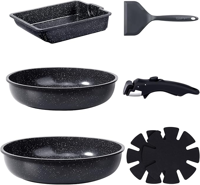 GiPP Ceramic Pots and Pans Set Non Stick, Nonstick Detachable Handle Cookware Sets, Non Toxic Induction Kitchen Pot and Pan with Removable Handle, Healthy RV Cookware, Dishwasher 竊냀ven Safe, 7 Piece